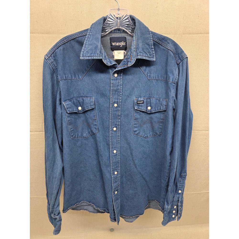 Wrangler Mens Western Denim‎ Pearl Snap Shirt Medium Wash Raw Hem 70127MWV 16x35